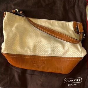 Coach Brown and Cream Hobo Shoulder Bag with Leather Accents